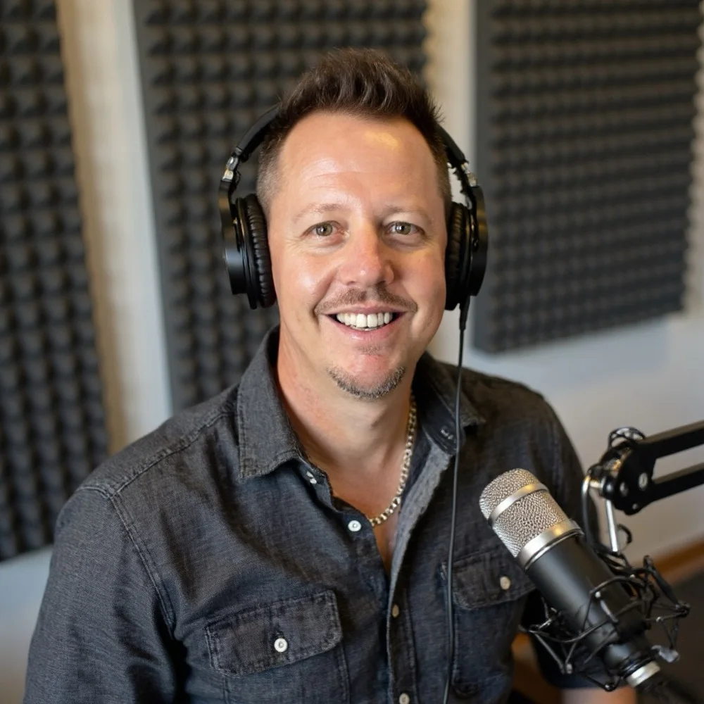 Adam Bell, founder of PodPro Australia, on mic in the studio