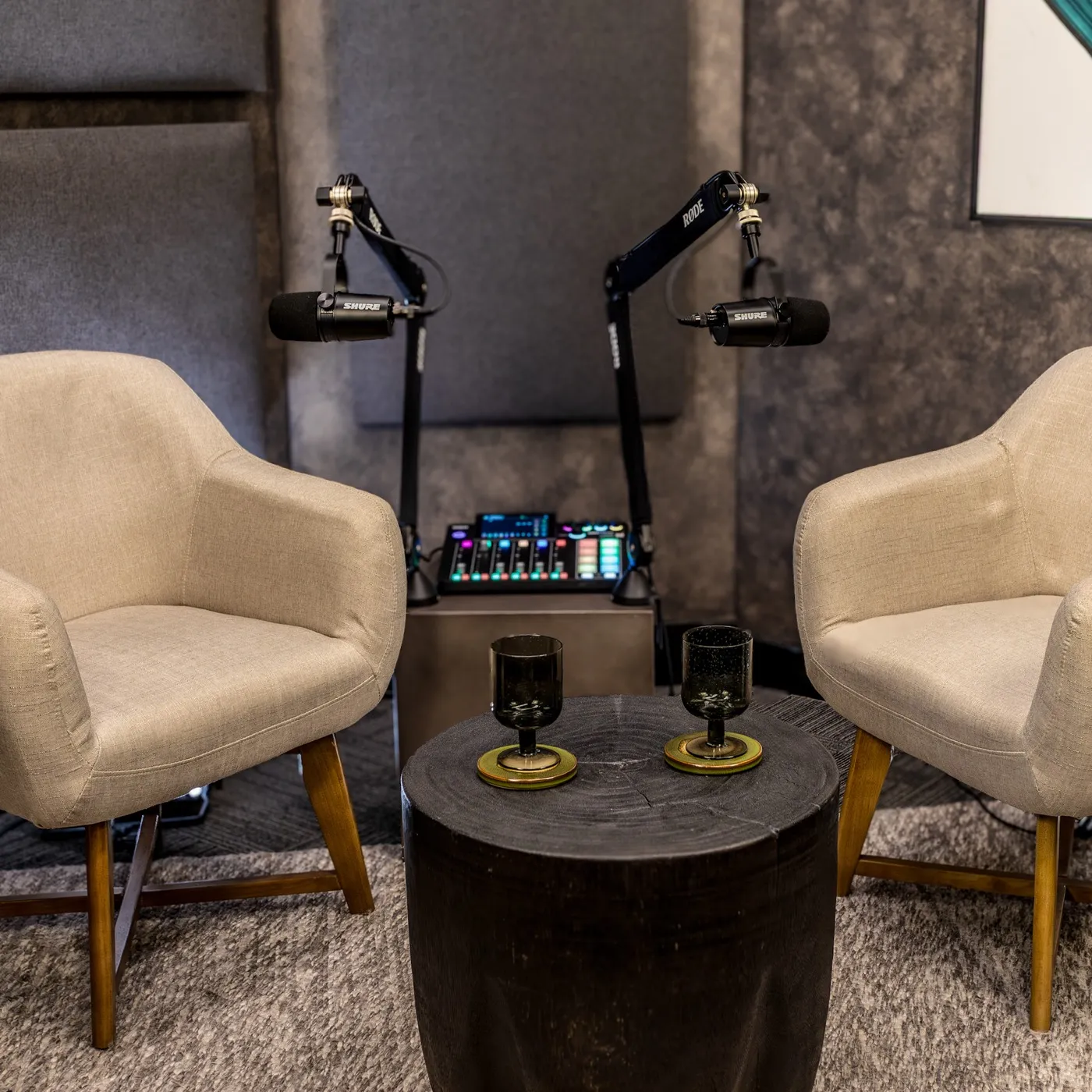 Two-seat interview setup with RODE arms, Shure microphones and the RODECaster Pro II